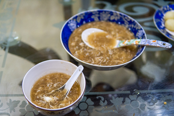 two bowls of brownish chicken corn soup in lahore